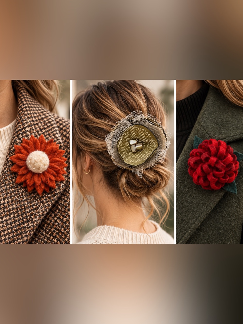 Felt Flower Brooch Pins & Hair Clip Set of 3 | Whimsical Eclectic Floral